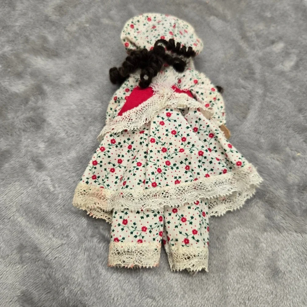 Vintage Handmade Wooden Head Doll Floral Prairie Dress Lace Trim Folk Art‎ 7.5